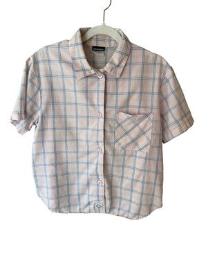 Joe Boxer Pink and Blue Plaid Short Sleeve Button-Up Shirt Size S Y2K Vintage